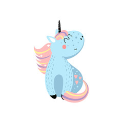 Funny sitting unicorn on white background