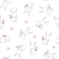 Tapeten Nahtloses Muster von süßen weißen Hasen © rosypatterns