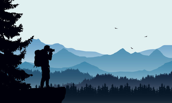 Realistic illustration of a mountain landscape with coniferous forest and photographers tourist with backpack, under a blue sky with three flying birds, vector