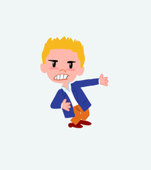 Businessman in casual style shows very angry something to his left.