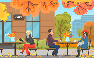 Autumn Park with Cafe, Couple and Woman at Table