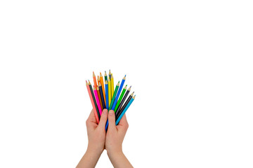 Female hand holding pencil and sketchbook. Mock-up Concept. Bright background, isolated, close up
