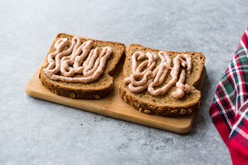 Tuna Cream Paste with Toast Bread on Wooden Board / Creamed Fish Pate.