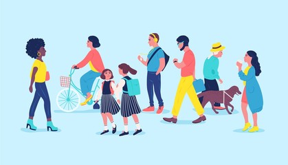 People or passersby on street. Men, women and children passing by, walking, riding bike, listen to music. Modern city dwellers, urban lifestyle. Colored vector illustration in flat cartoon style.