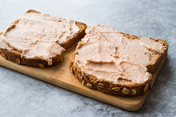 Tuna Cream Paste with Toast Bread on Wooden Board / Creamed Fish Pate.