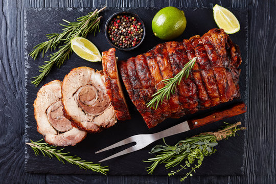 overhead view of sliced roast pork