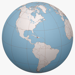 Haiti on the globe. Earth hemisphere centered at the location of the Republic of Haiti. Hayti map.