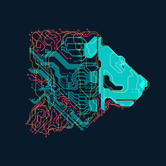 futuristic colorful lion head, shape of lion head combined with electronic board, concept of powerful technology