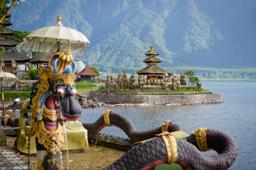 Two spires of the floating Pura Bratan hindu temple on Lake Bratan, Bedugul, Bali, Indonesia.