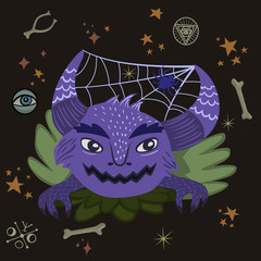 Halloween monster with spiderweb in horns. Vector design for prints, tshirts, party posters and banners.