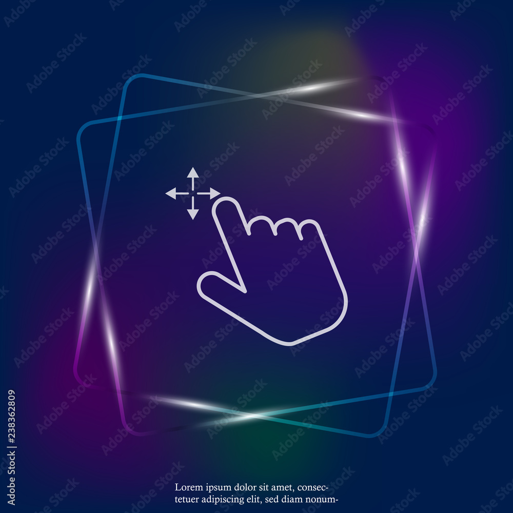 Poster the hand clicks on the button neon light icon. flat cursor icon. layers grouped for easy editing ill