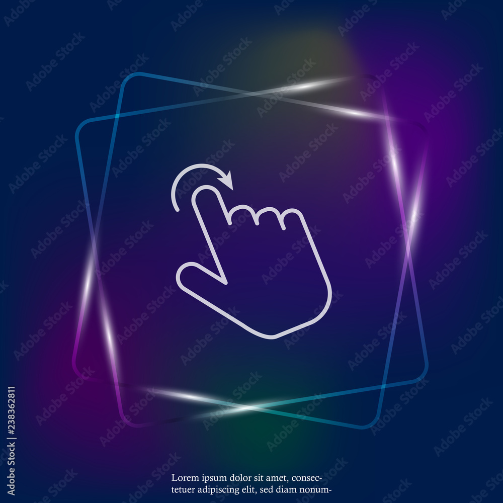 Poster the hand clicks on the button neon light icon. flat cursor icon. layers grouped for easy editing ill