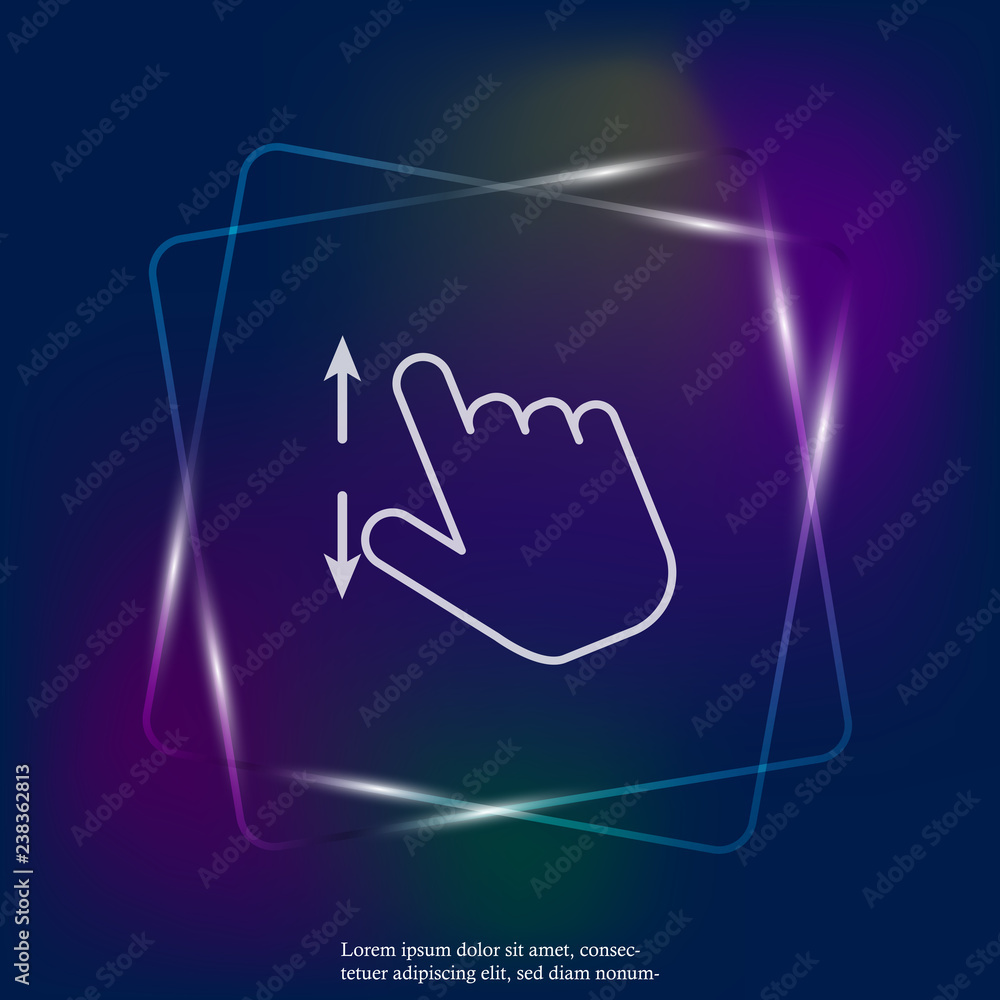 Poster the hand clicks on the button neon light icon. flat cursor icon. layers grouped for easy editing ill