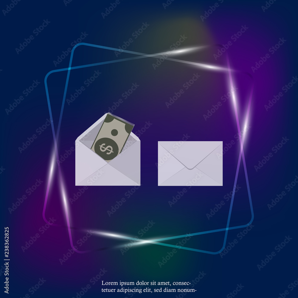 Poster set of two blank envelope with money neon light icon. flat an envelope template icon. layers grouped