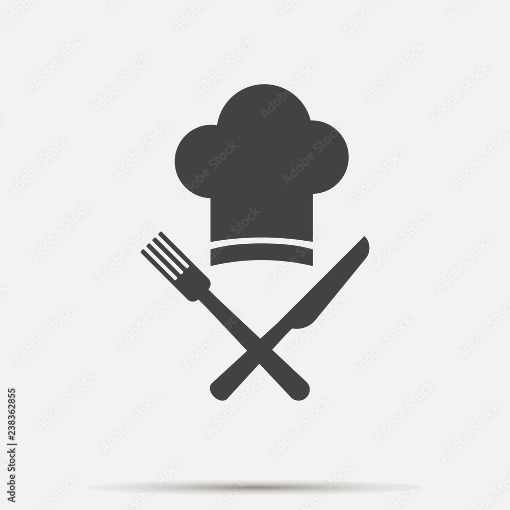 Poster chef hat with cross knife and fork vector icon on gray background. cap chef cooking. layers grouped 