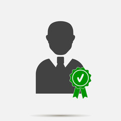 Vector icon Certified person. Image of  man and medal. Symbol reward, achievements. Layers grouped for easy editing illustration. For your design.