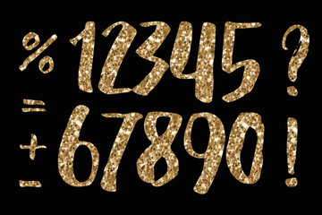 
Alphabet Numerals Gold Sparkling Glitter Confetti. holiday symbols. vector