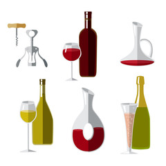 Wine drinking vector set with glasses, bottles and cork screws