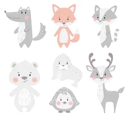 Foto op Plexiglas Bosdieren Rendier, wasbeer, zeehond, wolf, pinguïn, beer, vos baby winterset. Illustratie van schattige dieren