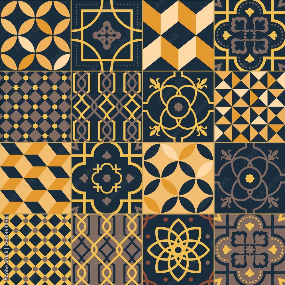 Poster set of square ceramic tiles with elegant traditional oriental patterns. bundle of decorative ornamen
