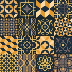 Set of square ceramic tiles with elegant traditional oriental patterns. Bundle of decorative ornaments, ornamental weaving textures in yellow and black colors. Vector illustration in flat style.