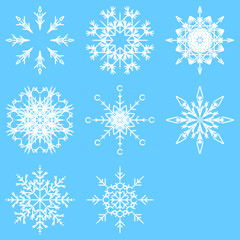 Vector collection of artistic icy abstract crystal snow flakes isolated on background as winter december decoration group or collection. Ice or frost beautiful star ornament silhouette or season art