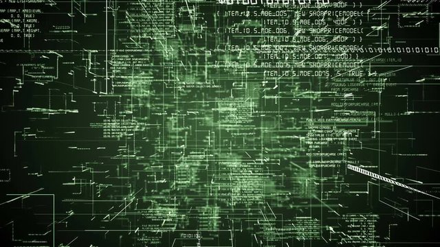 Futuristic abstract programming green digital code seamless flythrough. Scientific technology data binary network 3D animation. Connection, blockchain and internet concept. 4K loop, alpha channel