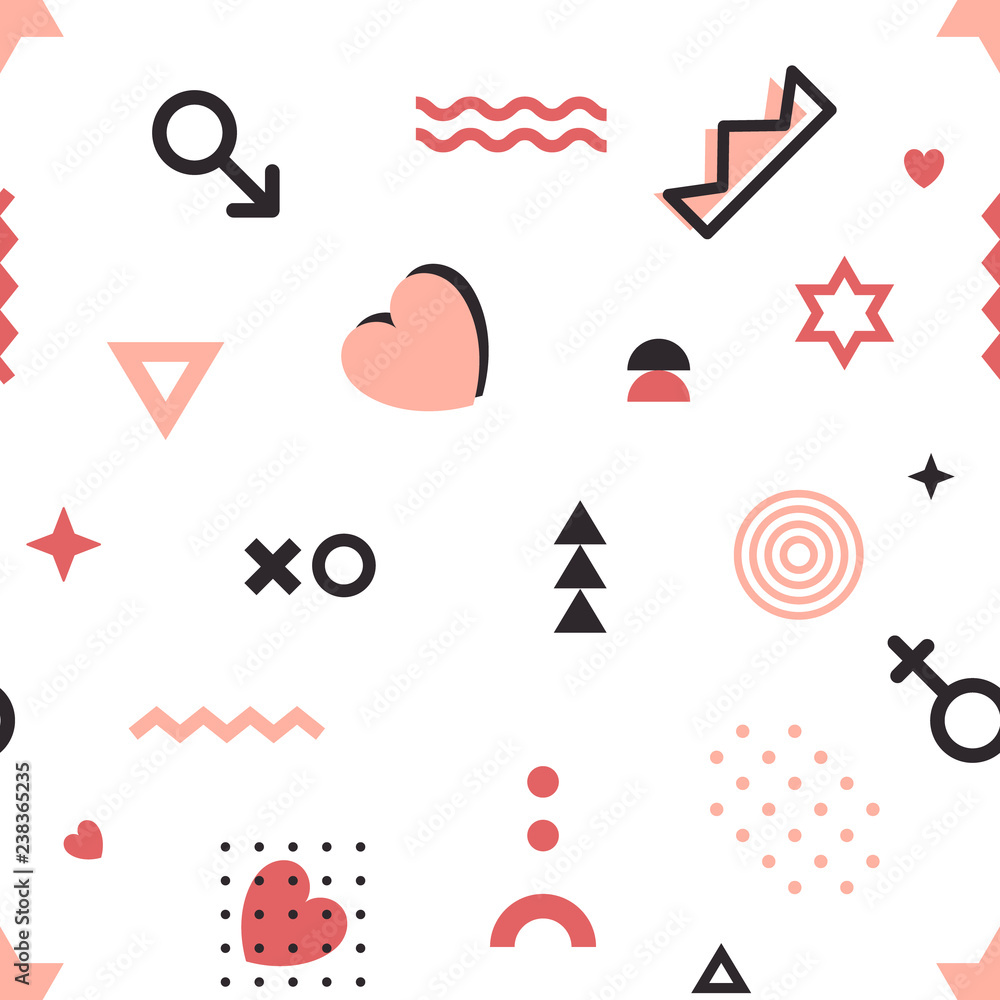 Poster valentines geometric pattern in memphis style. vector wallpaper with line elements, abstract geometr