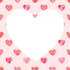 Valentines day card, aquarelle illustration. Seamless pattern with bright hand painted watercolor hearts. Romantic decorative background for Valentine's day gift paper, wedding decor or fabric textile