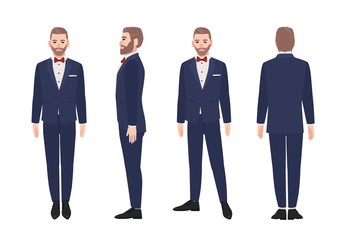 Attractive bearded man dressed in elegant suit or tuxedo. Happy male cartoon character wearing formal evening clothing and bowtie. Front, side and back views. Vector illustration in flat style. - obrazy, fototapety, plakaty