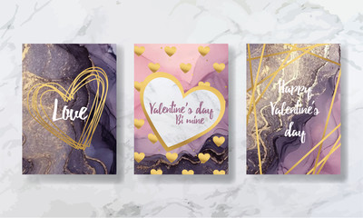 Valentine's Day. love happiness. party invitation. for printing on flyer, leaflet, brochure. texture of liquid marble and yellow gold. trend vector