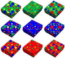 Set of nine gift boxes of different colors