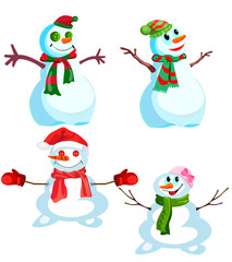 Set of four snowmen in various headdresses and in different scarves