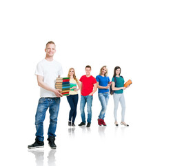 Fototapeta premium Large group of smiling friends staying together and looking at camera isolated on white background.
