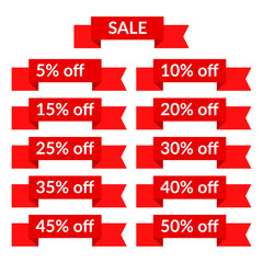Set of red sale ribbons with different discount