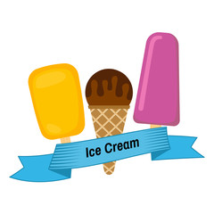 Three different ice cream wrapped in blue ribbon