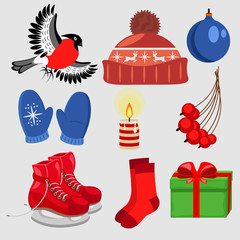 Vector winter set: bullfinch, skates, hat, mittens, gift, socks, Christmas toy glass ball.