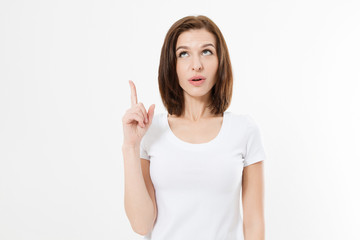 Young caucasian girl have good idea. Happy smiling woman isolated on white background. Copy space. Template and blank summer t shirt.
