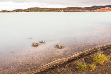 View on blue lake in myvatn area, iceland