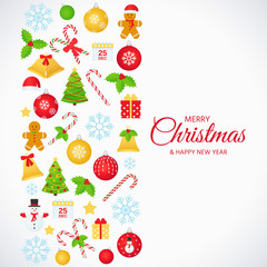 Christmas design card. Vector. Greeting background. Holiday decoration poster with ball holly tree candy cane bell snowflake. Party template, font. Creative postcard, flat style. Cartoon illustration