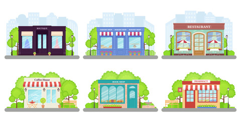 Shop, store front. Vector. Storefront boutique, cafe, restaurant, pharmacy, bakery store, book shop. Set facade building isolated, flat design. Small business. Cartoon illustration Street architecture