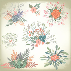 Collection of vintage romantic floral elements of flowers, leaves and berries. Vector clipart for wedding and celebration designs