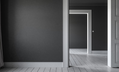 Leere offene Wohnung mit grauen Wänden