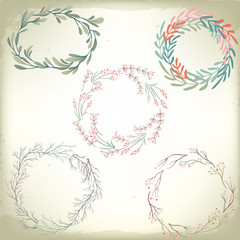 Collection of vintage romantic floral wreathes. Wedding vector background
