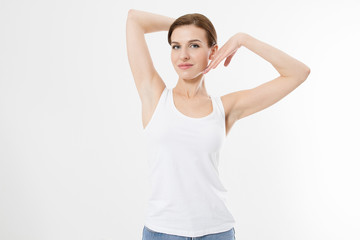 Blank template t shirt. Beauty Woman with perfect skin armpits and epilation isolated on white background. Laser hair removal. Brunette girl holding arms up and showing clean underarms. Copy space