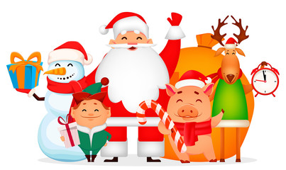 Obraz na płótnie Canvas Santa Claus, pig, deer, snowman and elf