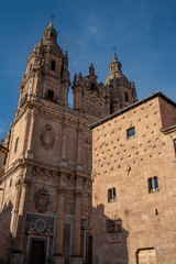 Fototapeta na wymiar Famous Casa de las Conchas with La Clerecia Church in Salamanca