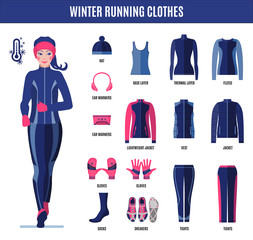 Winter running clothes set for woman in flat style.