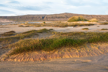 On beach of Breidavik, sunset, westfjords of iceland