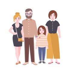 Portrait of cute loving family. Mother, father and children standing together. Parents and daughters. Funny cartoon characters isolated on white background. Colorful vector illustration in flat style.